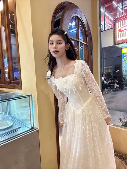 French Style Wedding Dresses A line Square Neck Lace With Sleeves Summer Boho Wedding Dress N4175