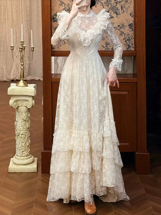 French Style Wedding Dresses A line High Neck Lace With Long Sleeves Summer Boho Wedding Dress N4176