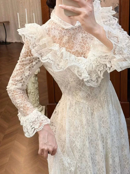 French Style Wedding Dresses A line High Neck Lace With Long Sleeves Summer Boho Wedding Dress N4176