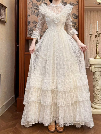 French Style Wedding Dresses A line High Neck Lace With Long Sleeves Summer Boho Wedding Dress N4176