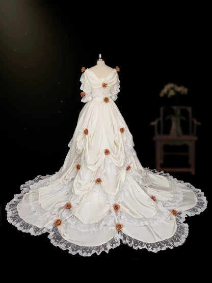 Vintage 80s Wedding Dresses Ball Gowns Off The Shoulder White Lace With Flowers Garden Wedding Dress N4283
