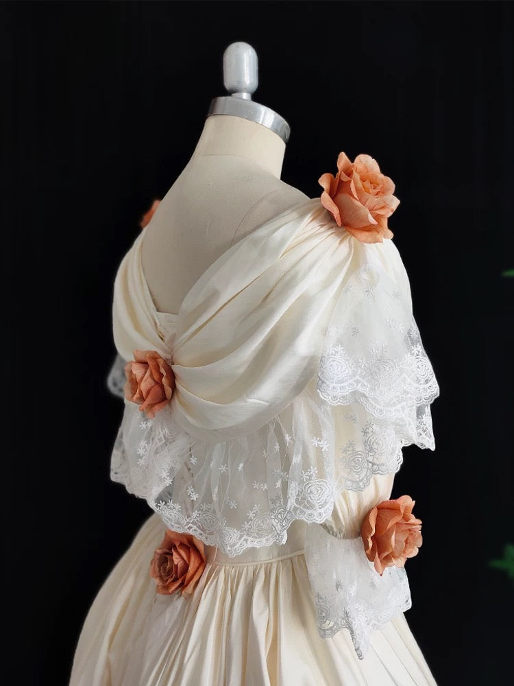 Vintage 80s Wedding Dresses Ball Gowns Off The Shoulder White Lace With Flowers Garden Wedding Dress N4283