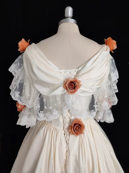 Vintage 80s Wedding Dresses Ball Gowns Off The Shoulder White Lace With Flowers Garden Wedding Dress N4283