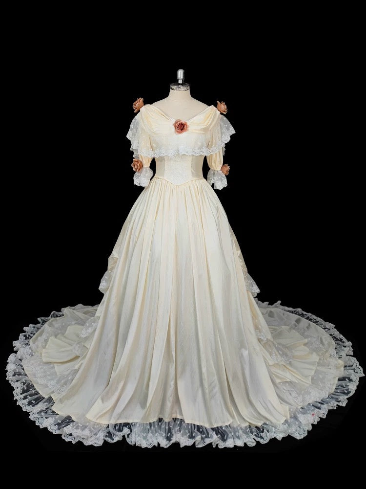Vintage 80s Wedding Dresses Ball Gowns Off The Shoulder White Lace With Flowers Garden Wedding Dress N4283