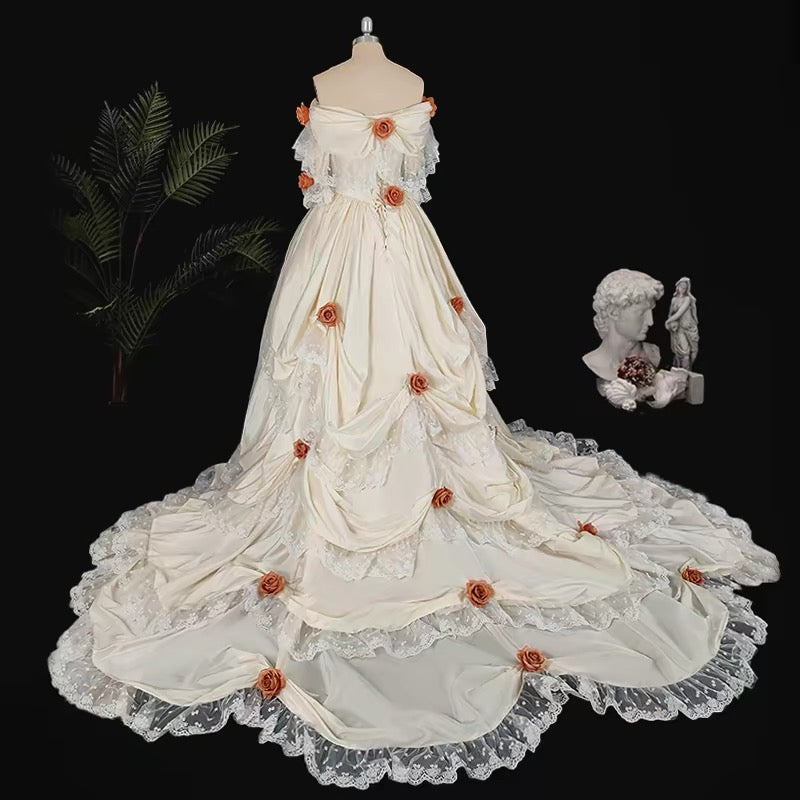 Vintage 80s Wedding Dresses Ball Gowns Off The Shoulder White Lace With Flowers Garden Wedding Dress N4283