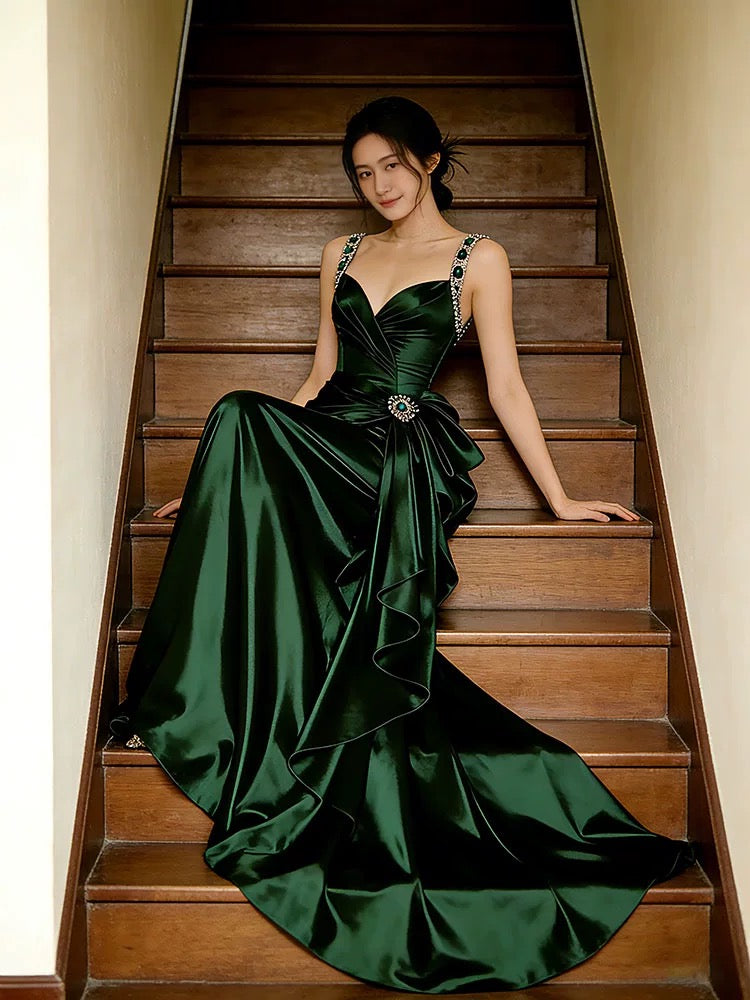Sexy Prom Dresses Formal Mermaid Sweetheart Dark Green Satin With Beadings Long Party Gowns N4285