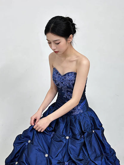 Princess Prom Dresses Ball Gowns Sweetheart Navy Blue Taffeta Evening Long Formal Dress N4287