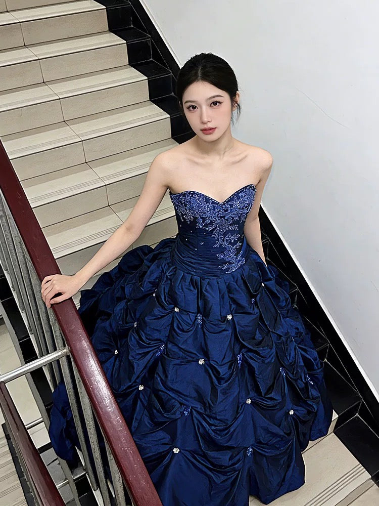 Princess Prom Dresses Ball Gowns Sweetheart Navy Blue Taffeta Evening Long Formal Dress N4287