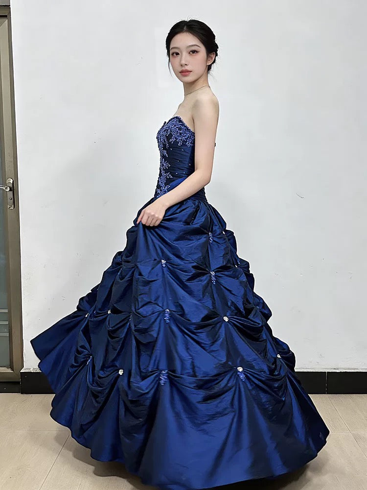 Princess Prom Dresses Ball Gowns Sweetheart Navy Blue Taffeta Evening Long Formal Dress N4287