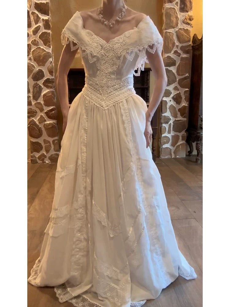 Chic Wedding Dresses A line Off The Shoulder White Lace With Sleeves Garden Wedding Dress N4288