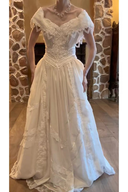 Chic Wedding Dresses A line Off The Shoulder White Lace With Sleeves Garden Wedding Dress N4288