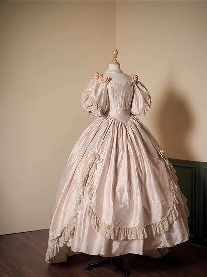 Chic Wedding Dresses Ball Gowns Vintage V Neck Pink With Sleeves Flowers Garden Wedding Dress N4289