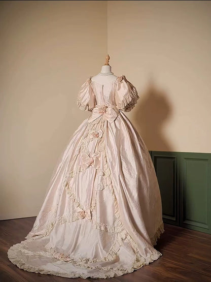 Chic Wedding Dresses Ball Gowns Vintage V Neck Pink With Sleeves Flowers Garden Wedding Dress N4289