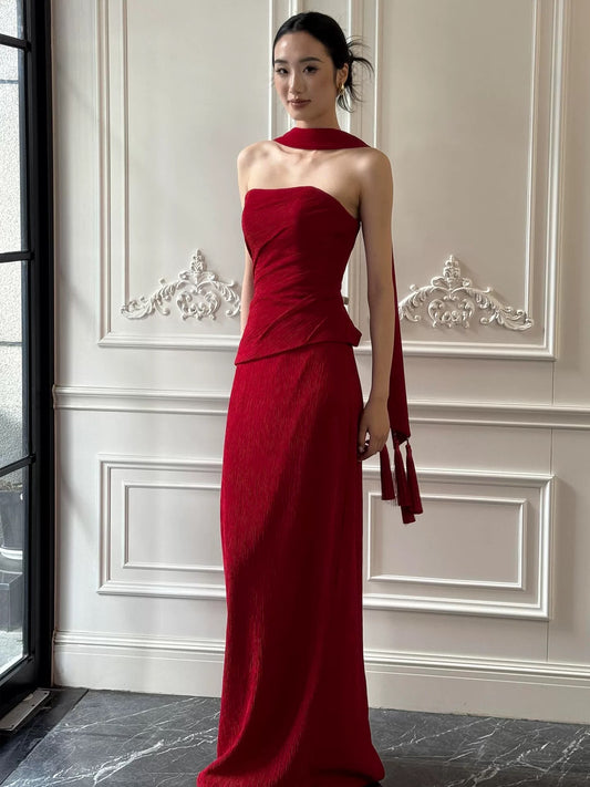 Charming Mermaid Strapless Red Satin Summer 20th Birthday Elegant Outfit Wedding Guest Dresses N4291