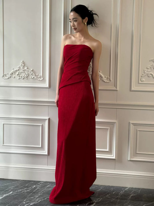 Charming Mermaid Strapless Red Satin Summer 20th Birthday Elegant Outfit Wedding Guest Dresses N4291
