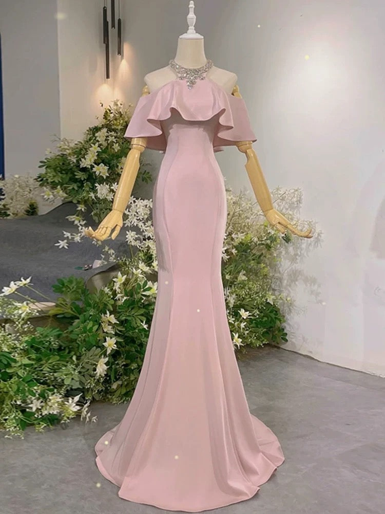 Robes de Soirée Sirène Élégantes, Col Montant, Roses, avec Perles, Longues Robes de Bal N4292