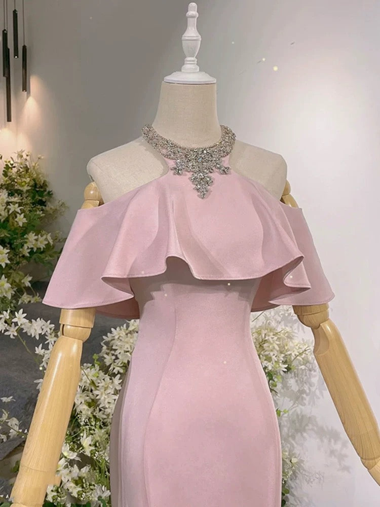 Robes de Soirée Sirène Élégantes, Col Montant, Roses, avec Perles, Longues Robes de Bal N4292
