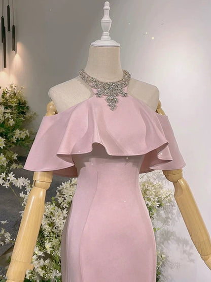 Robes de Soirée Sirène Élégantes, Col Montant, Roses, avec Perles, Longues Robes de Bal N4292