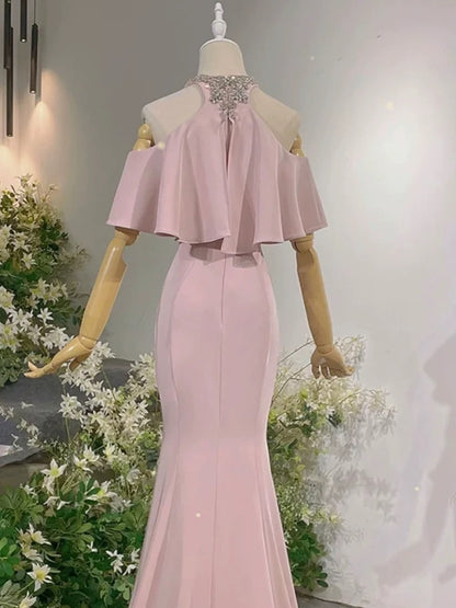 Robes de Soirée Sirène Élégantes, Col Montant, Roses, avec Perles, Longues Robes de Bal N4292