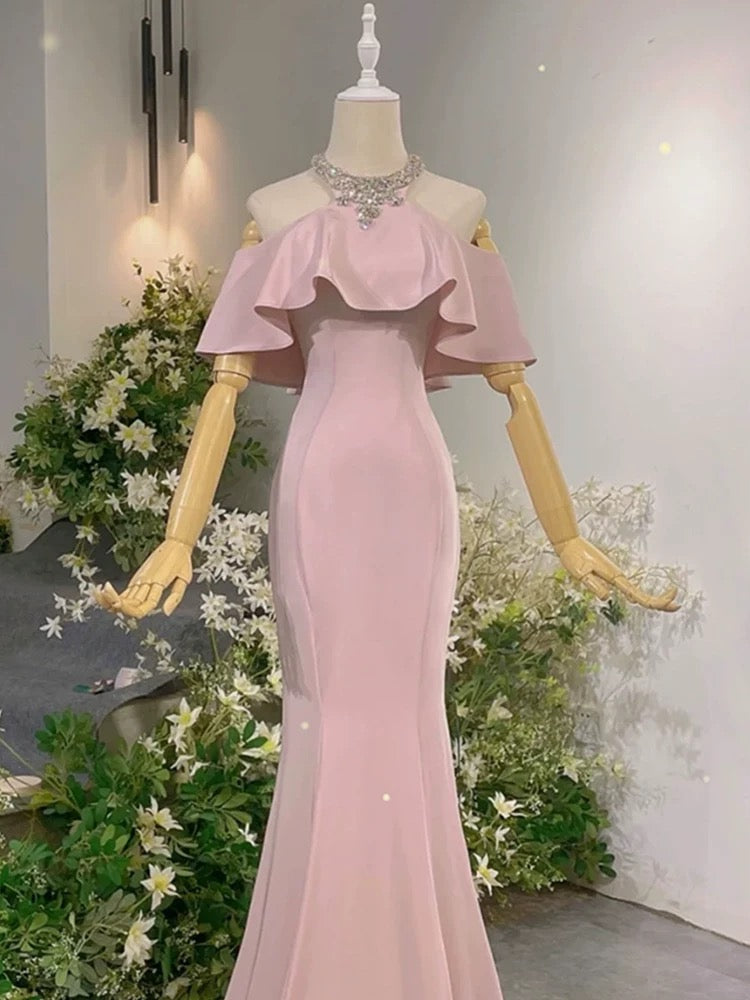 Robes de Soirée Sirène Élégantes, Col Montant, Roses, avec Perles, Longues Robes de Bal N4292