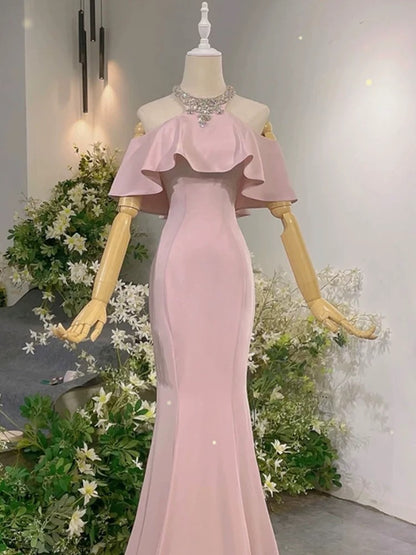 Robes de Soirée Sirène Élégantes, Col Montant, Roses, avec Perles, Longues Robes de Bal N4292