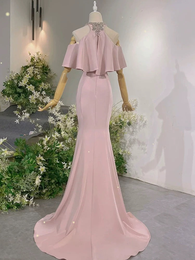 Robes de Soirée Sirène Élégantes, Col Montant, Roses, avec Perles, Longues Robes de Bal N4292