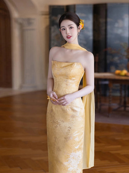 Charming Mermaid Strapless Yellow Satin Summer 20th Birthday Elegant Outfit Wedding Guest Dresses N4294