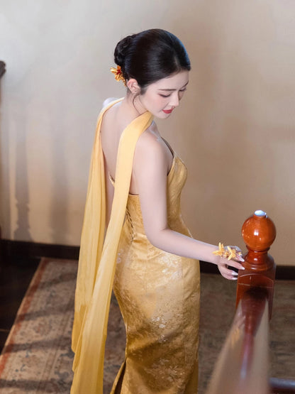 Charming Mermaid Strapless Yellow Satin Summer 20th Birthday Elegant Outfit Wedding Guest Dresses N4294