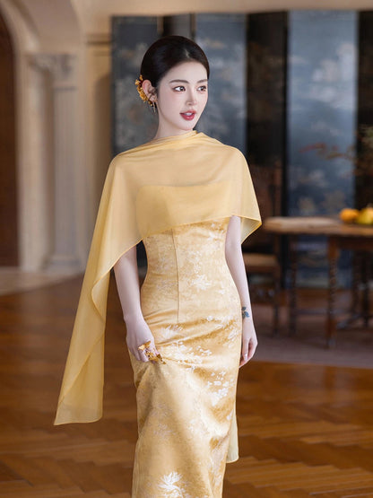 Charming Mermaid Strapless Yellow Satin Summer 20th Birthday Elegant Outfit Wedding Guest Dresses N4294