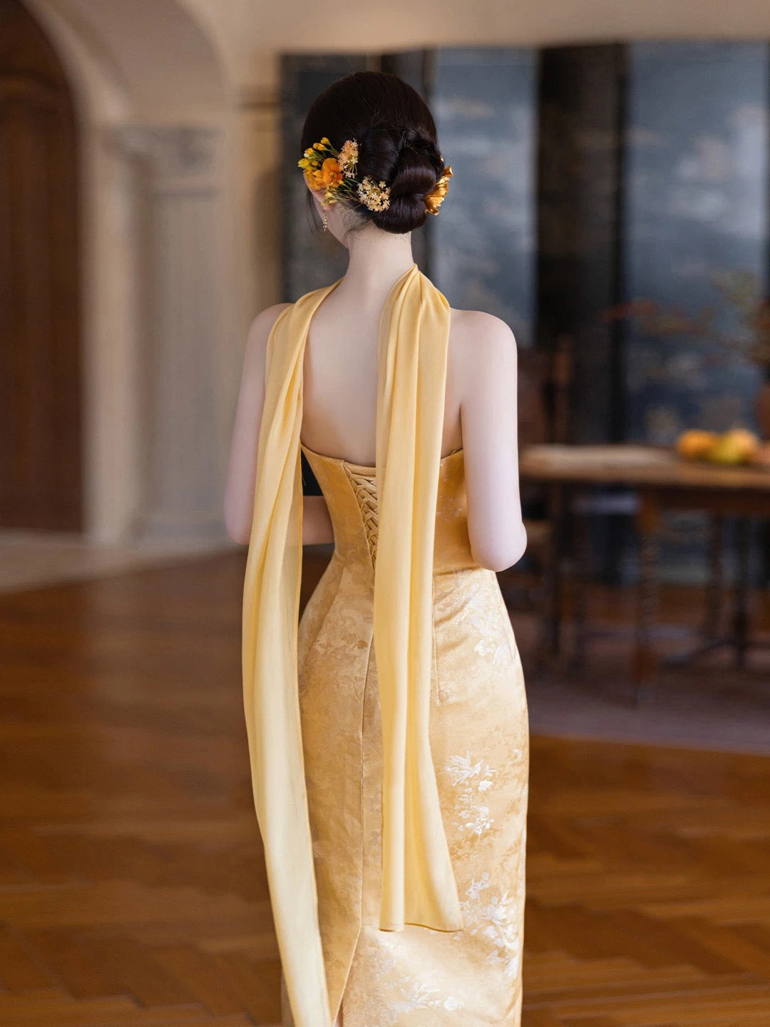 Charming Mermaid Strapless Yellow Satin Summer 20th Birthday Elegant Outfit Wedding Guest Dresses N4294
