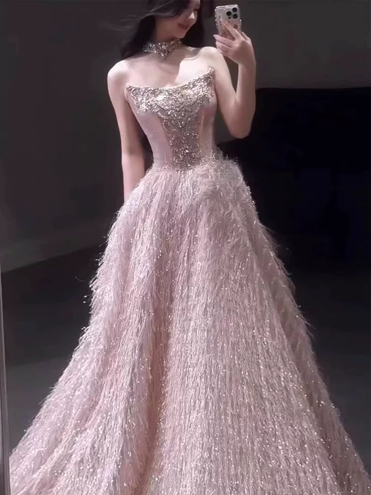 Princess Prom Dresses Ball Gowns Strapless Pink Beading Evening Long Formal Dress N4295