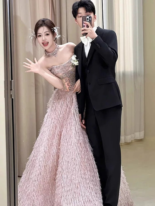 Princess Prom Dresses Ball Gowns Strapless Pink Beading Evening Long Formal Dress N4295