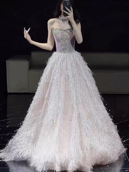 Princess Prom Dresses Ball Gowns Strapless Pink Beading Evening Long Formal Dress N4295