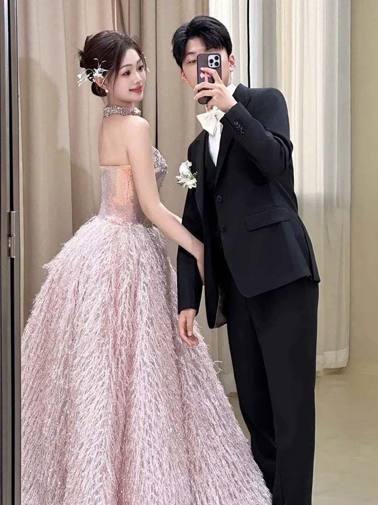Princess Prom Dresses Ball Gowns Strapless Pink Beading Evening Long Formal Dress N4295