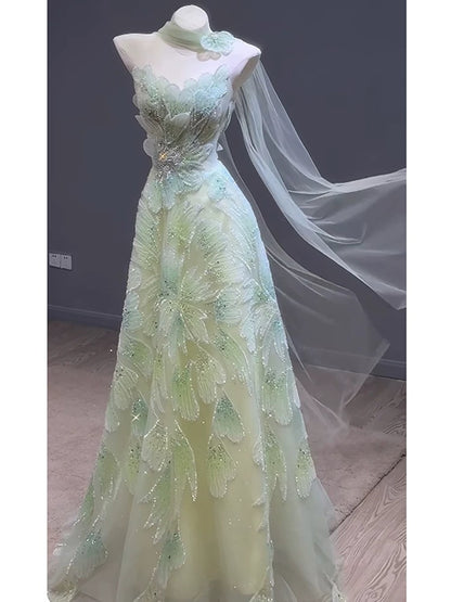 Robes de bal de princesse Coupe A bretelles vert avec écharpe perles soirée longue robe de cérémonie N4296