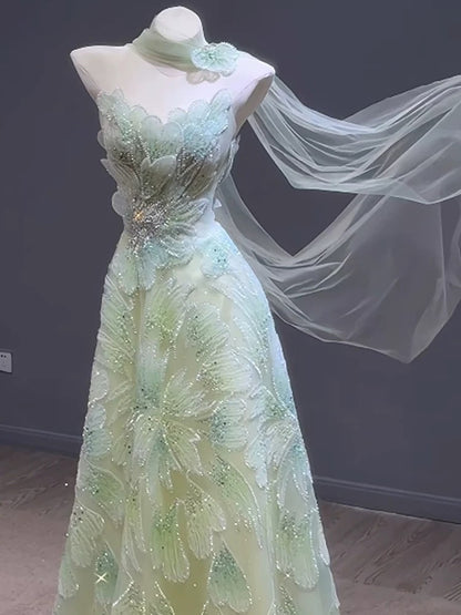 Robes de bal de princesse Coupe A bretelles vert avec écharpe perles soirée longue robe de cérémonie N4296