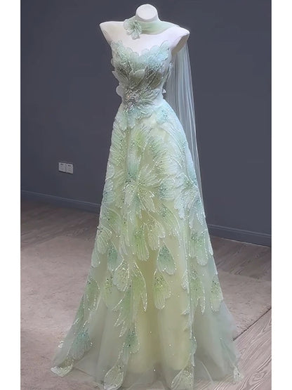 Robes de bal de princesse Coupe A bretelles vert avec écharpe perles soirée longue robe de cérémonie N4296