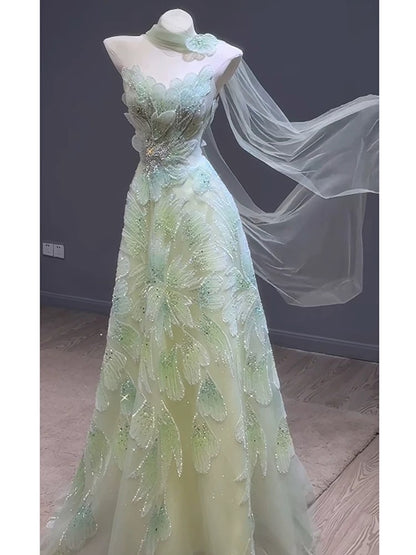 Robes de bal de princesse Coupe A bretelles vert avec écharpe perles soirée longue robe de cérémonie N4296
