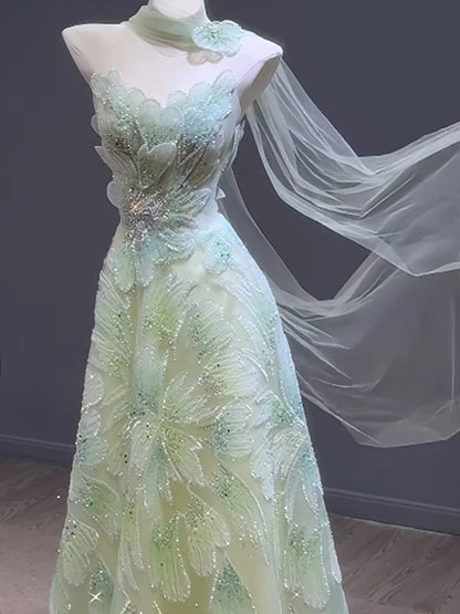 Robes de bal de princesse Coupe A bretelles vert avec écharpe perles soirée longue robe de cérémonie N4296
