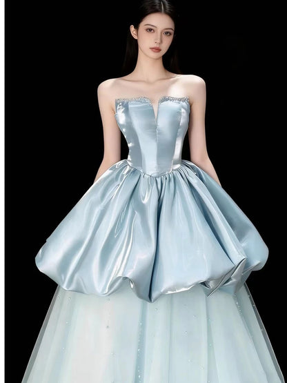 Princess Prom Dresses Ball Gowns Strapless Light Sky Blue Evening Long Formal Dress N4297