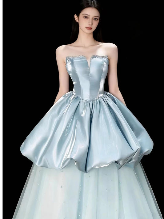 Princess Prom Dresses Ball Gowns Strapless Light Sky Blue Evening Long Formal Dress N4297