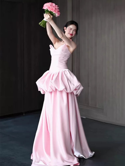 Robes de bal de rêve A ligne col cœur rose avec volants sans manches robes de soirée longues tenues formelles RB3725