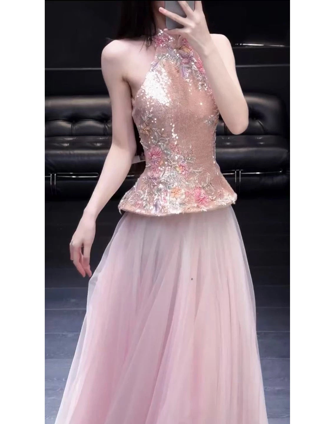 Dreamy Prom Dresses A Line High Neck Pink Tulle With Flowers Sleeveless Evening Long Formal Outfits RB3726