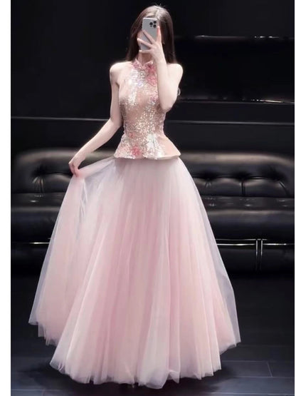 Dreamy Prom Dresses A Line High Neck Pink Tulle With Flowers Sleeveless Evening Long Formal Outfits RB3726