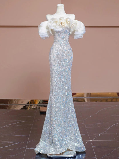 Elegant Prom Dresses Mermaid Off The Shoulder White Sequin Corset Fitted Evening Long Formal Party Outfits RB3728