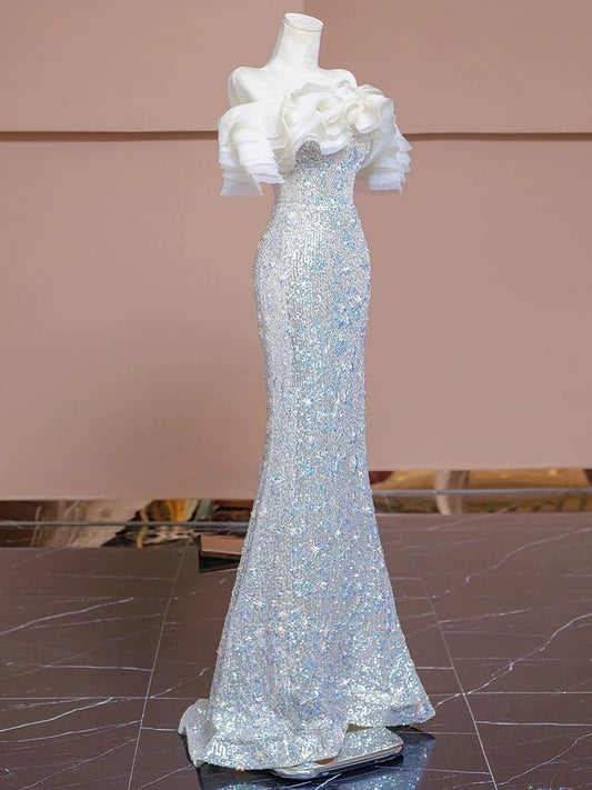 Elegant Prom Dresses Mermaid Off The Shoulder White Sequin Corset Fitted Evening Long Formal Party Outfits RB3728
