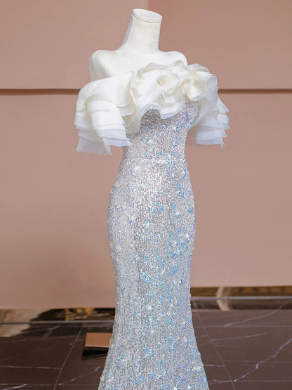 Elegant Prom Dresses Mermaid Off The Shoulder White Sequin Corset Fitted Evening Long Formal Party Outfits RB3728