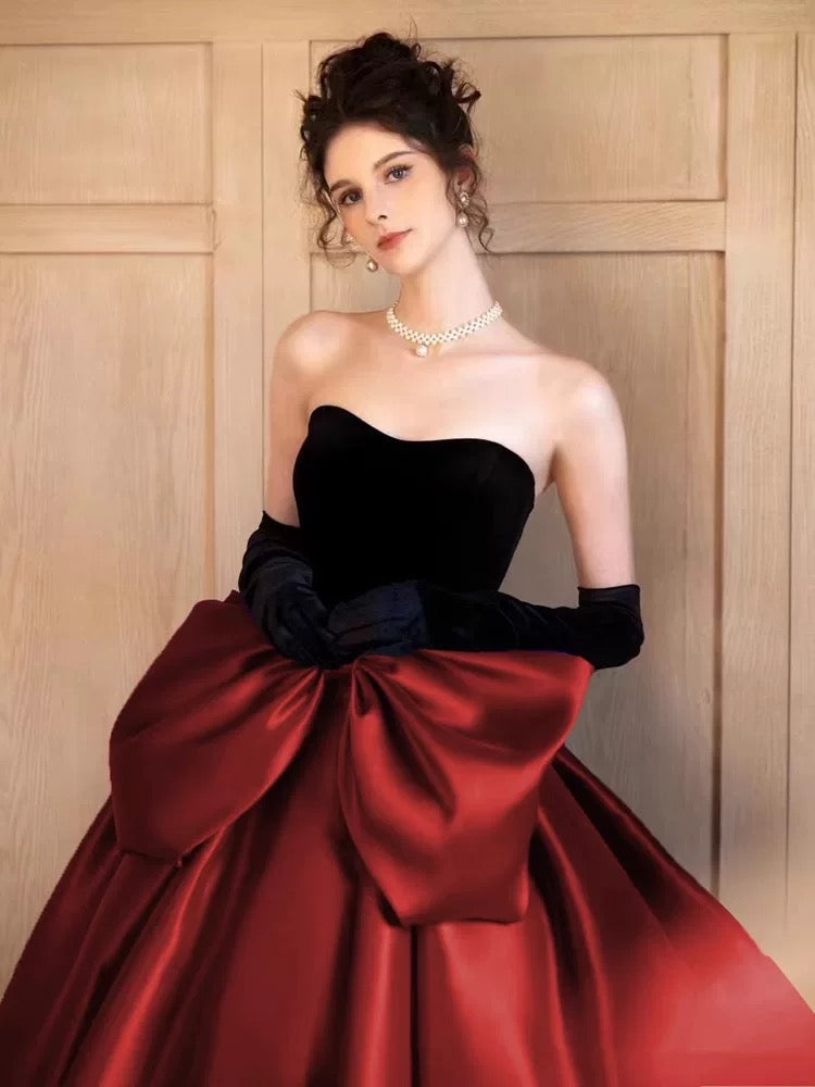Princess Prom Dresses Ball Gowns Strapless Burgundy With Gloves Velvet Evening Long Formal Dress RB3730