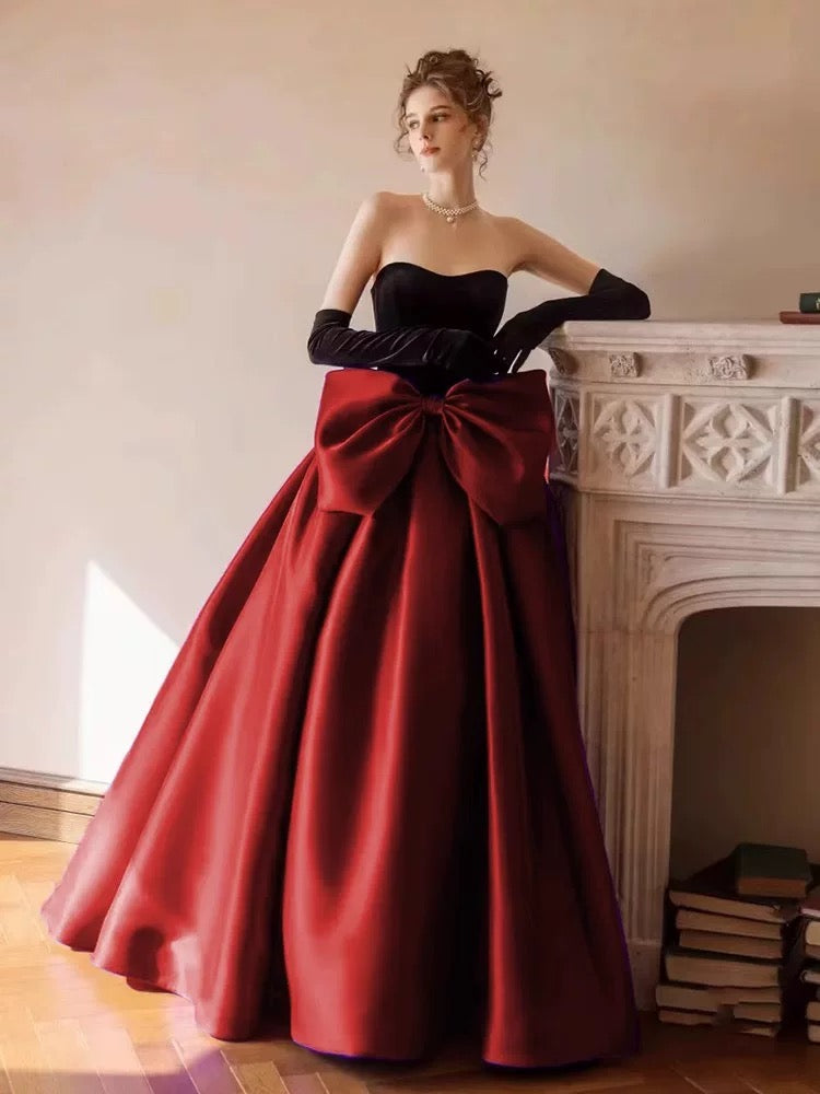 Princess Prom Dresses Ball Gowns Strapless Burgundy With Gloves Velvet Evening Long Formal Dress RB3730