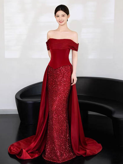 Elegant Prom Dresses Mermaid Off The Shoulder Red Corset Fitted Evening Long Formal Party Outfits RB3729